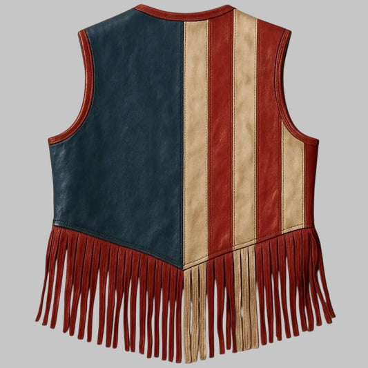 Men’s American Flag Leather Fringe Vest – Western Cowboy Patriotic Style