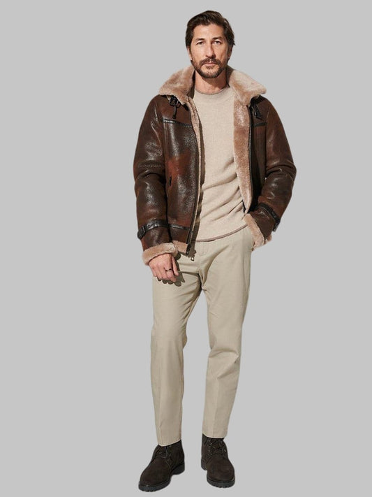 Luxury Shearling Coat Men Burnt Cognac Genuine Sheepskin Jacket by Avanzar Leather