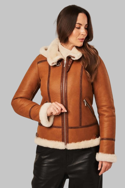 Luxury Shearling Coat Women Cognac Genuine Sheepskin Jacket by Avanzar Leather
