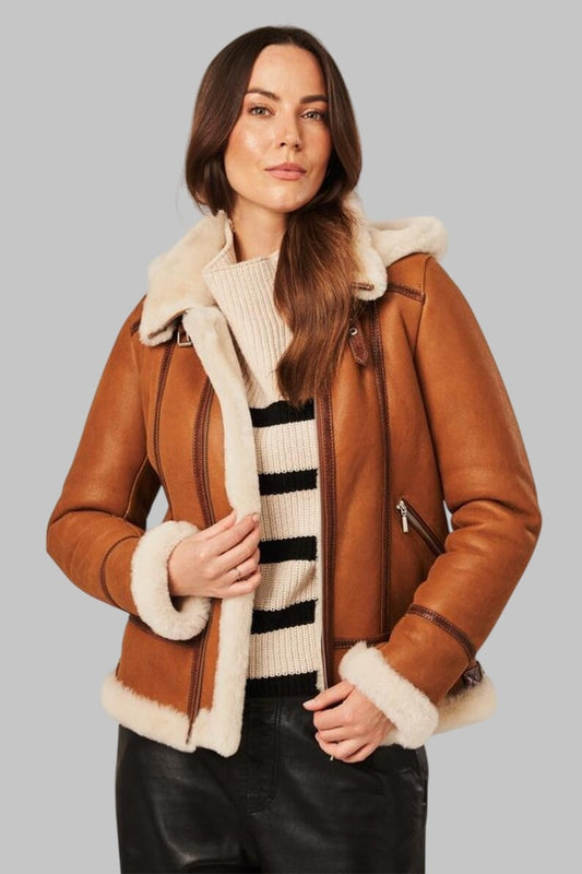 Luxury Shearling Coat Women Cognac Genuine Sheepskin Jacket by Avanzar Leather