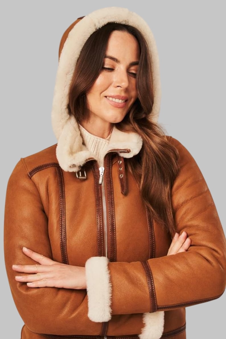 Luxury Shearling Coat Women Cognac Genuine Sheepskin Jacket by Avanzar Leather