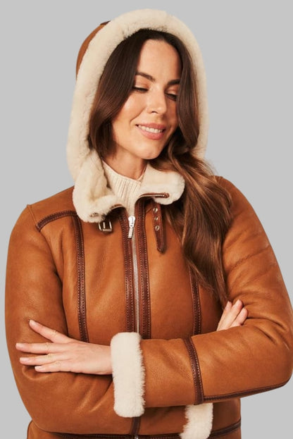 Luxury Shearling Coat Women Cognac Genuine Sheepskin Jacket by Avanzar Leather