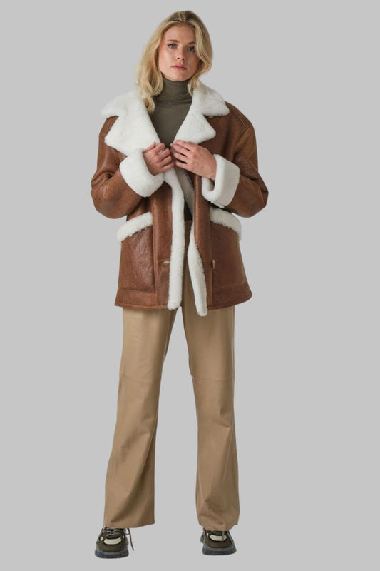 Luxury Sheepskin Jacket Women Cognac Genuine Shearling by Avanzar Leather
