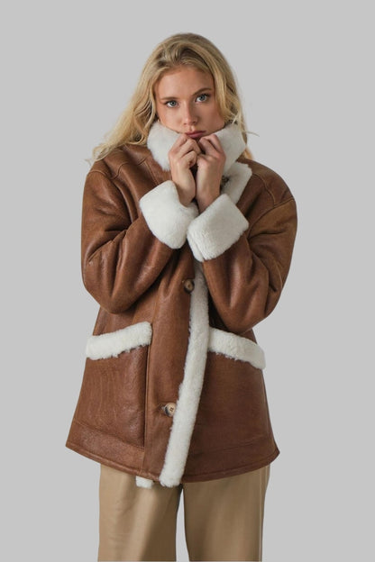 Luxury Sheepskin Jacket Women Cognac Genuine Shearling by Avanzar Leather