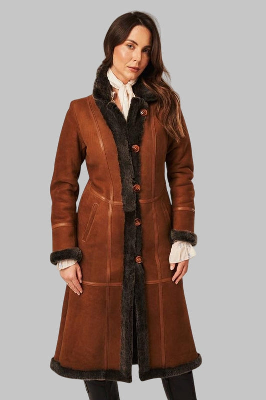 Luxury Shearling Coat Women Camel Genuine Sheepskin by Avanzar Leather