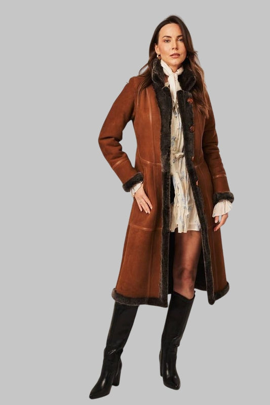 Luxury Shearling Coat Women Camel Genuine Sheepskin by Avanzar Leather