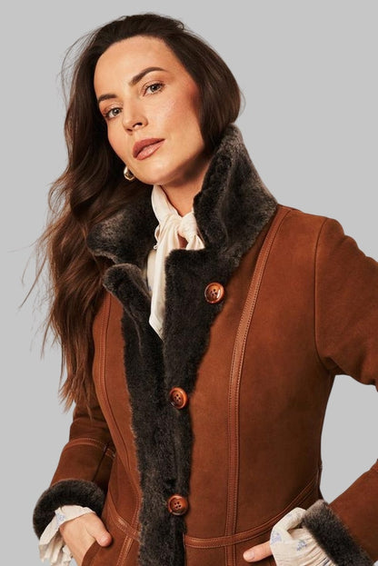 Luxury Shearling Coat Women Camel Genuine Sheepskin by Avanzar Leather