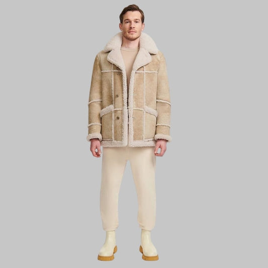 Luxury Shearling Coat Men Beige Genuine Sheepskin by Avanzar Leather
