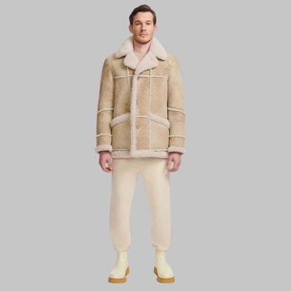 Luxury Shearling Coat Men Beige Genuine Sheepskin by Avanzar Leather