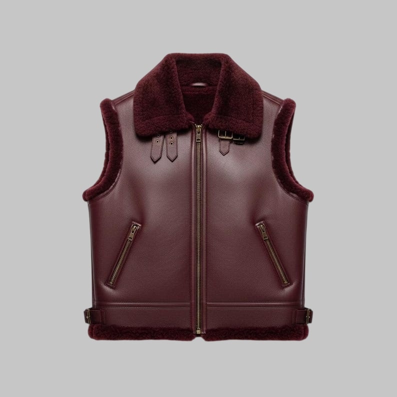 Burgundy Shearling Leather Vest Unisex Genuine Sheepskin by Avanzar Leather