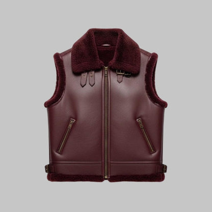 Burgundy Shearling Leather Vest Unisex Genuine Sheepskin by Avanzar Leather
