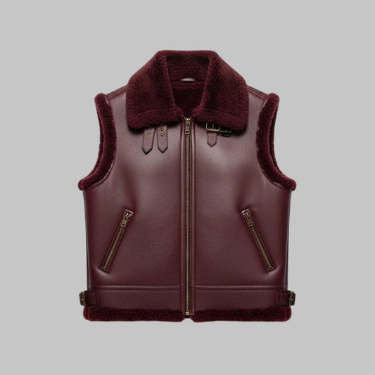 Burgundy Shearling Leather Vest Unisex Genuine Sheepskin by Avanzar Leather