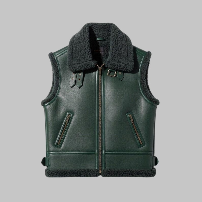 Green Shearling Leather Vest Unisex Genuine Sheepskin