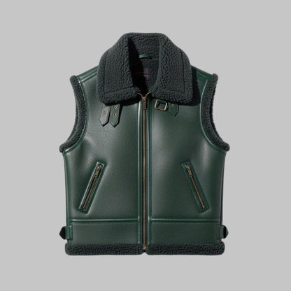 Green Shearling Leather Vest Unisex Genuine Sheepskin