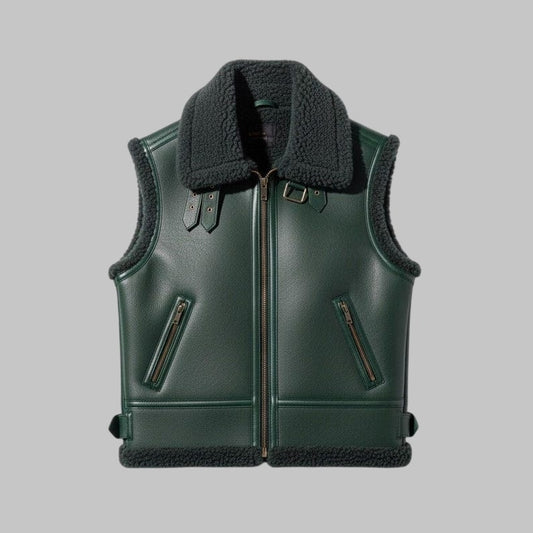 Green Shearling Leather Vest Unisex Genuine Sheepskin