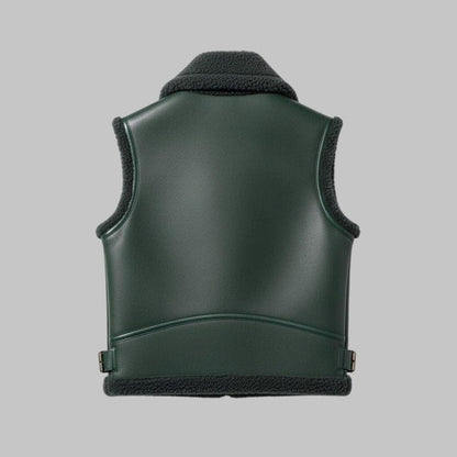 Green Shearling Leather Vest Unisex Genuine Sheepskin