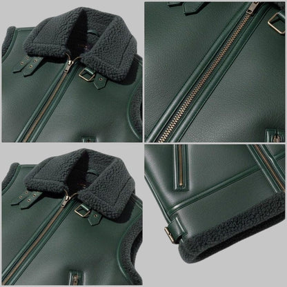 Green Shearling Leather Vest Unisex Genuine Sheepskin