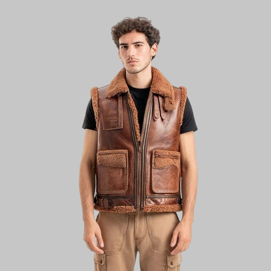 Brown B3 Shearling Aviator Vest for Men and Women Real Sheepskin Leather Flight Style