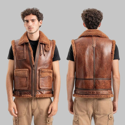 Brown B3 Shearling Aviator Vest for Men and Women Real Sheepskin Leather Flight Style