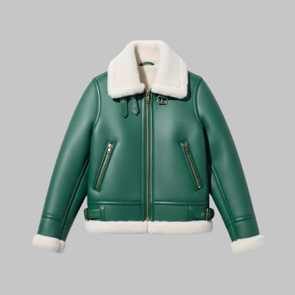 Green Shearling B3 Aviator Jacket Real Sheepskin Leather Bomber Flight Coat