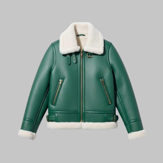 Green Shearling B3 Aviator Jacket Real Sheepskin Leather Bomber Flight Coat