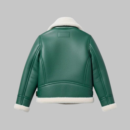Green Shearling B3 Aviator Jacket Real Sheepskin Leather Bomber Flight Coat