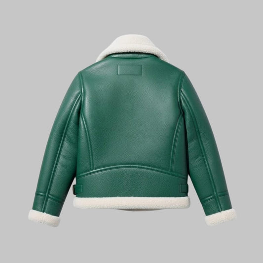 Green Shearling B3 Aviator Jacket Real Sheepskin Leather Bomber Flight Coat