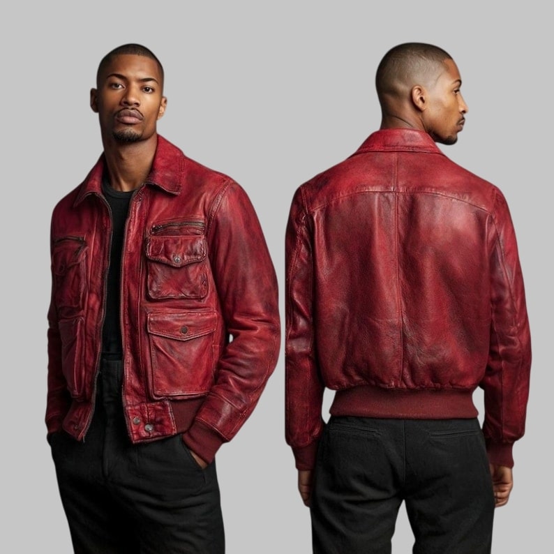 A2 Distressed Red Leather Bomber Jacket Men Vintage Flight Aviator Style