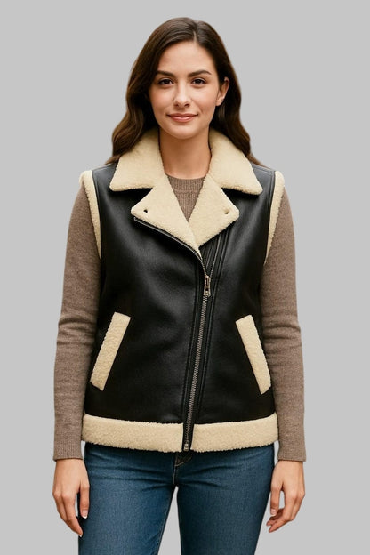Black Leather Shearling Vest Women Sherpa Lined Winter Jacket