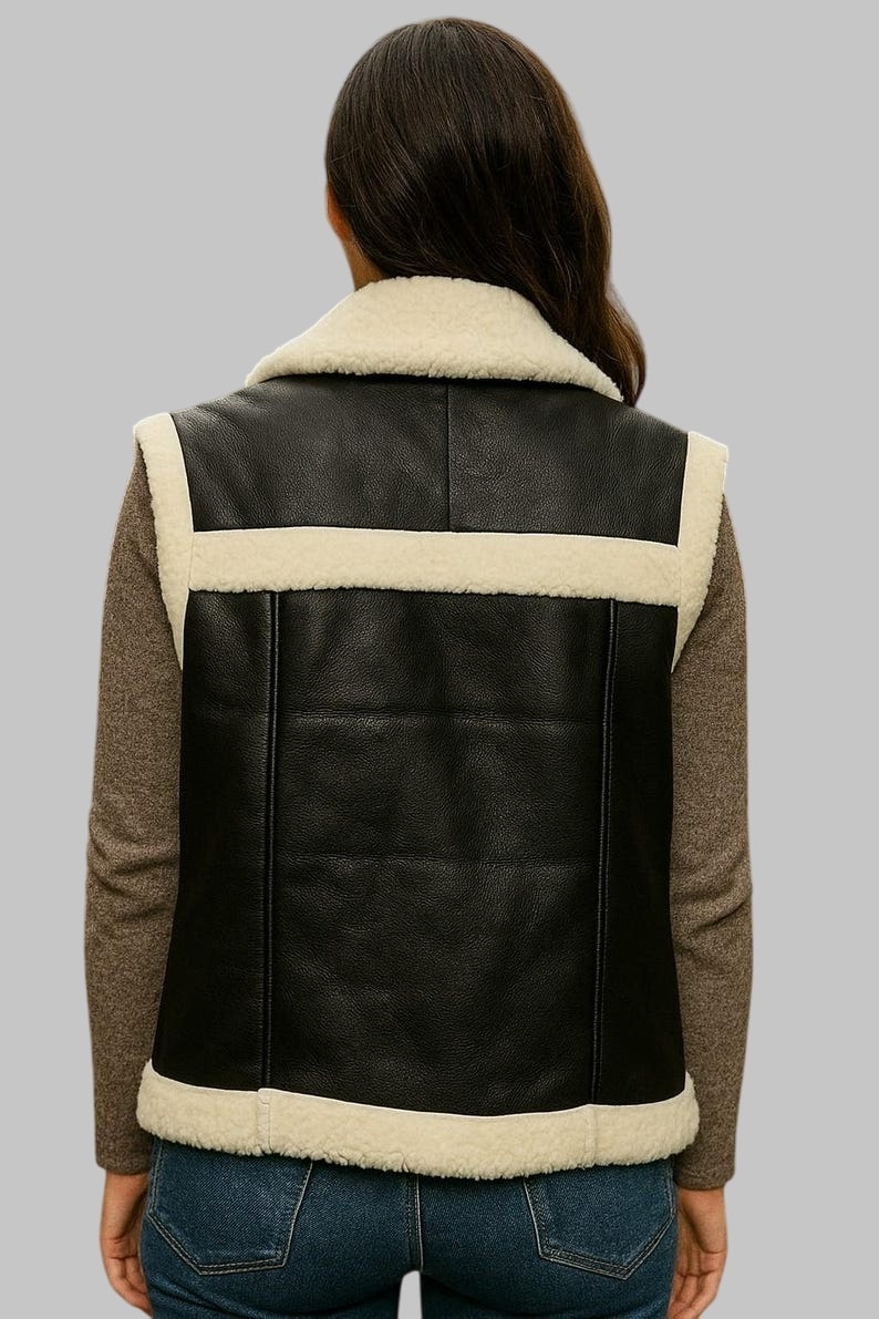 Black Leather Shearling Vest Women Sherpa Lined Winter Jacket