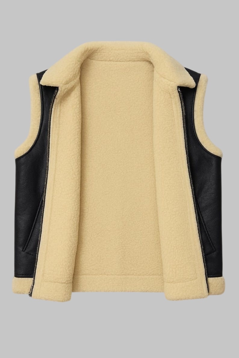 Black Leather Shearling Vest Women Sherpa Lined Winter Jacket