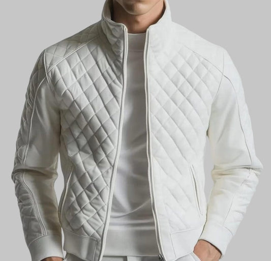 Men White Quilted Lambskin Leather Jacket