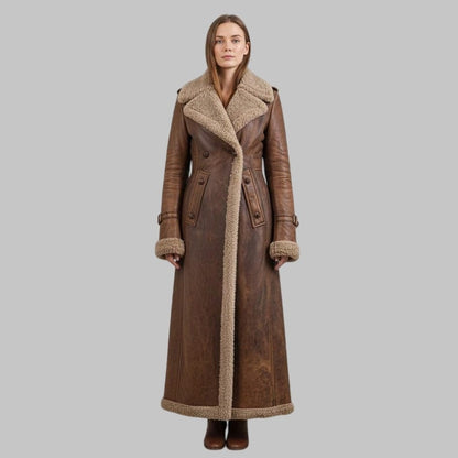 Women Distressed Brown Shearling Leather Trench Coat