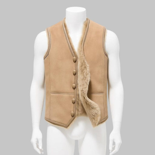 Men Tan Suede Shearling Leather Vest