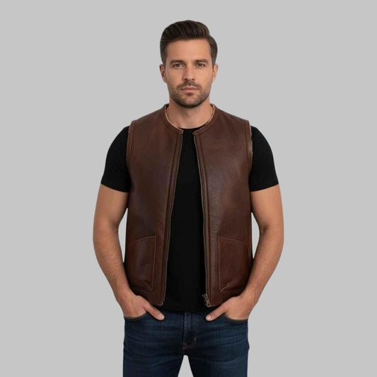 Men Brown Collarless Shearling Leather Vest
