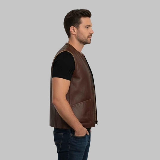 Men Brown Collarless Shearling Leather Vest
