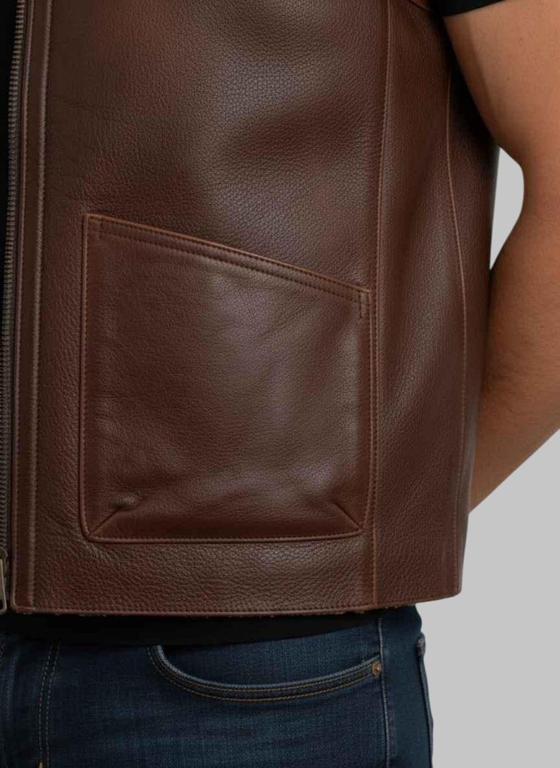 Men Brown Collarless Shearling Leather Vest