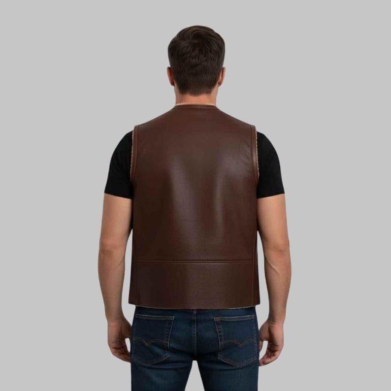Men Brown Collarless Shearling Leather Vest