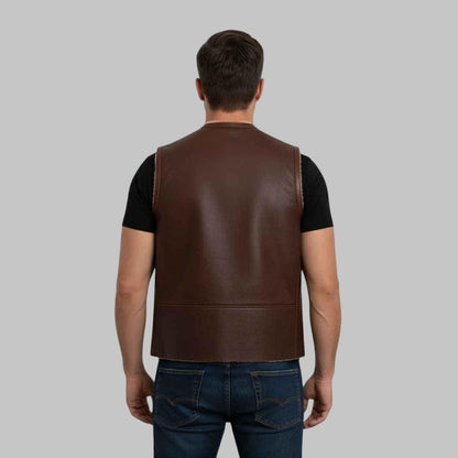 Men Brown Collarless Shearling Leather Vest