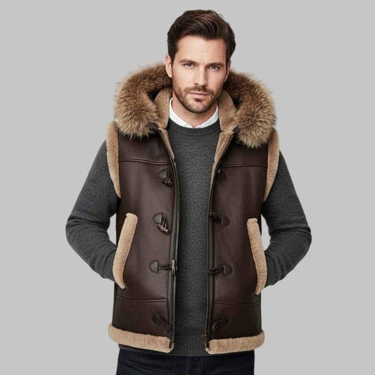 Men Hooded B3 Bomber Brown Shearling Leather Vest