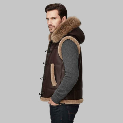 Men Hooded B3 Bomber Brown Shearling Leather Vest