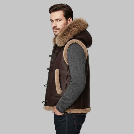 Men Hooded B3 Bomber Brown Shearling Leather Vest