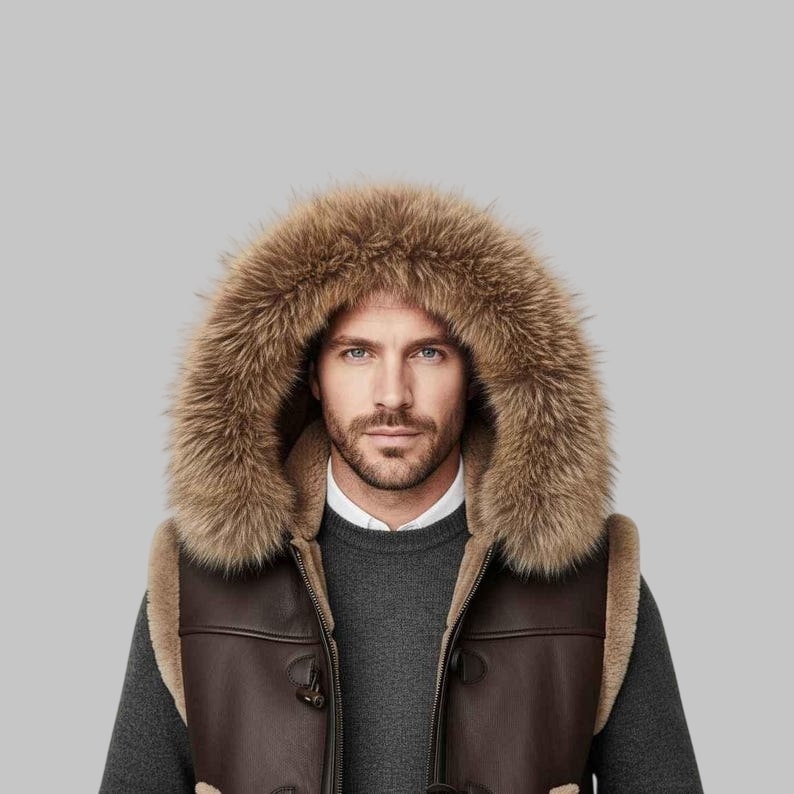 Men Hooded B3 Bomber Brown Shearling Leather Vest