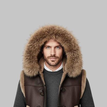 Men Hooded B3 Bomber Brown Shearling Leather Vest
