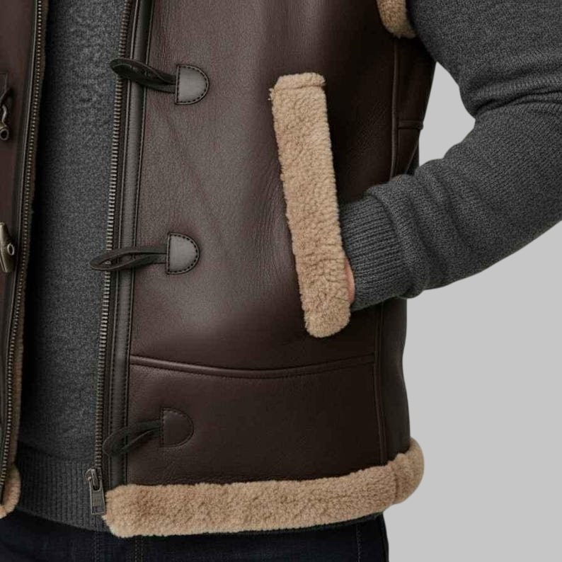 Men Hooded B3 Bomber Brown Shearling Leather Vest