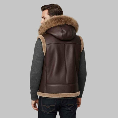 Men Hooded B3 Bomber Brown Shearling Leather Vest