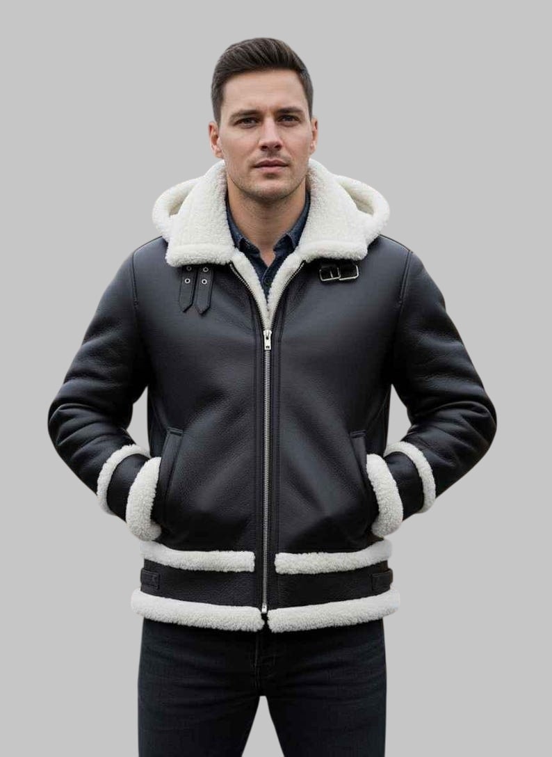 Men Black Hooded Shearling Aviator Leather Jacket