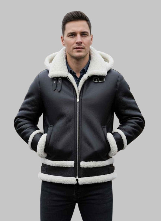 Men Black Hooded Shearling Aviator Leather Jacket