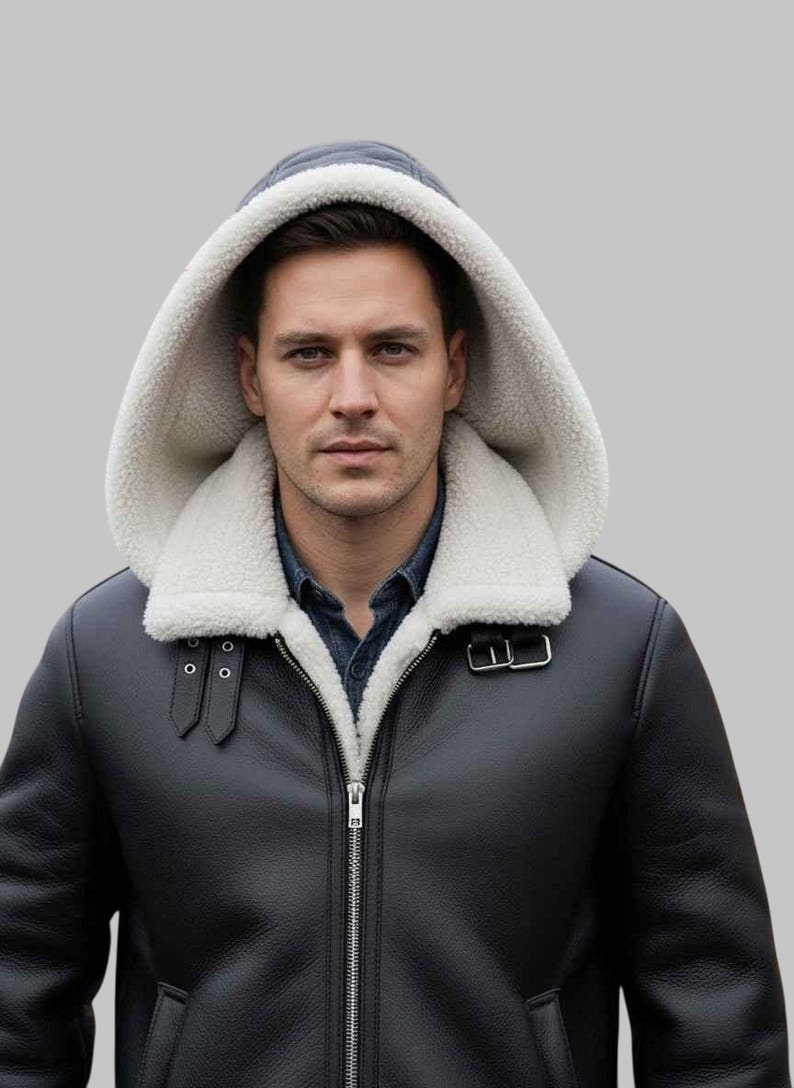 Men Black Hooded Shearling Aviator Leather Jacket