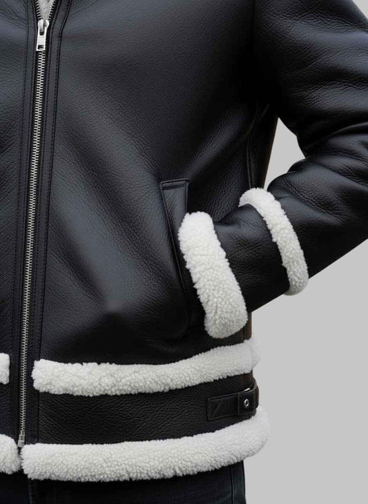 Men Black Hooded Shearling Aviator Leather Jacket